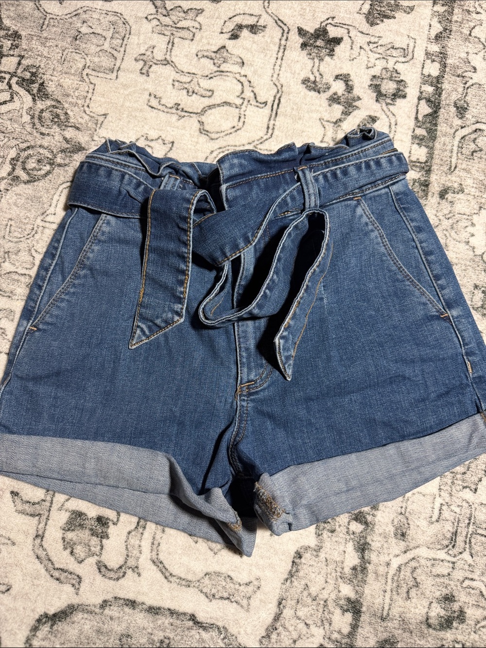 Express Denim Tie-Waist Cuffed Shorts - Blue